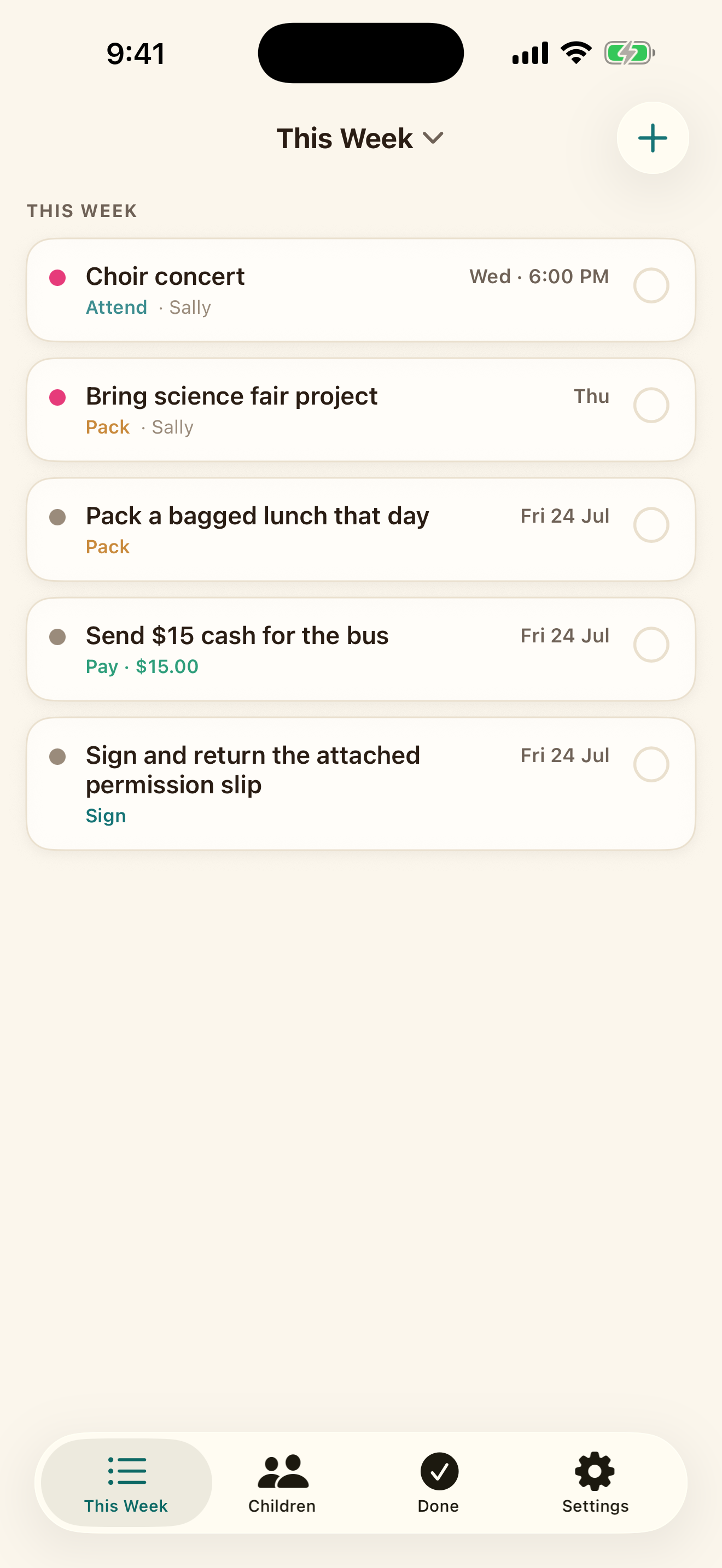 School Corral showing five clear school action items extracted from one email