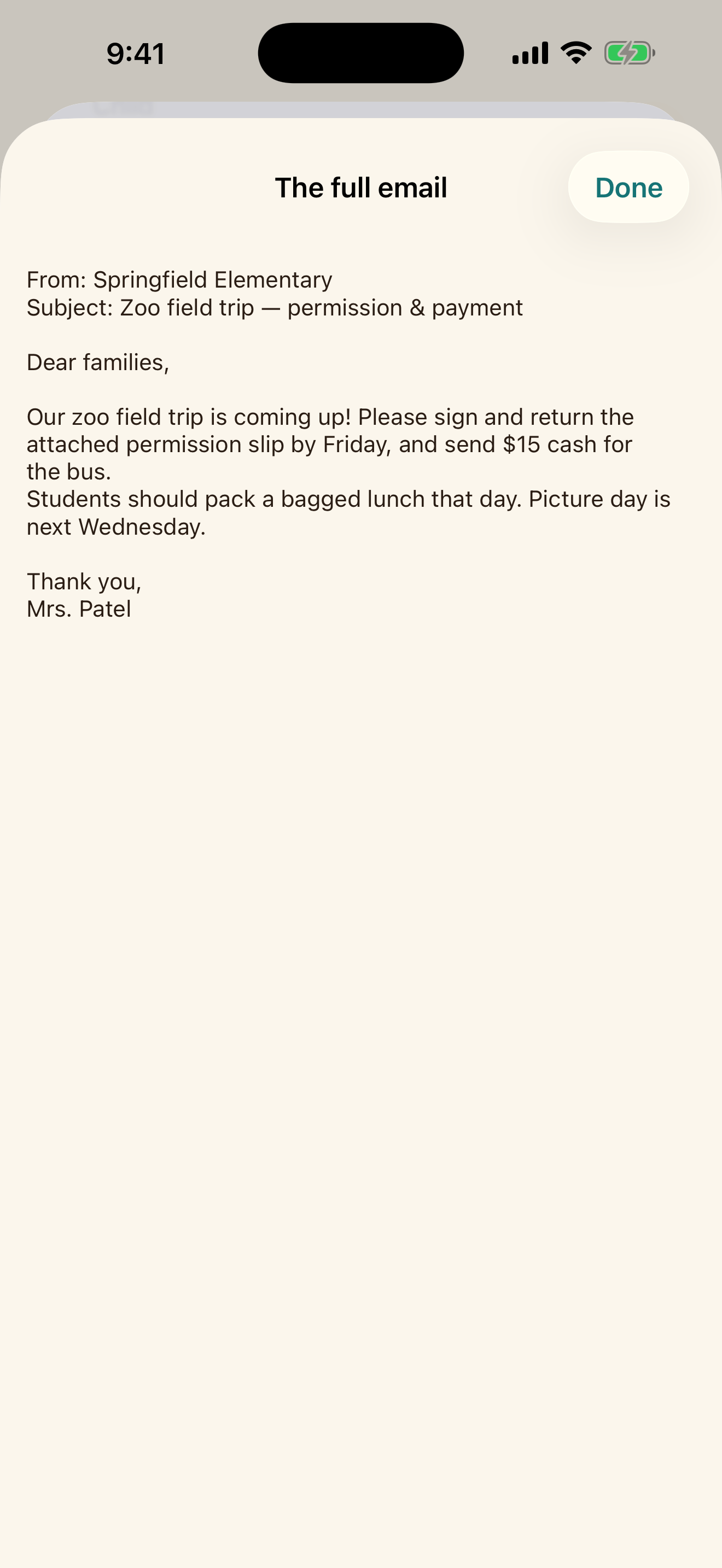 A school email about a zoo field trip, permission slip, payment, lunch, and picture day